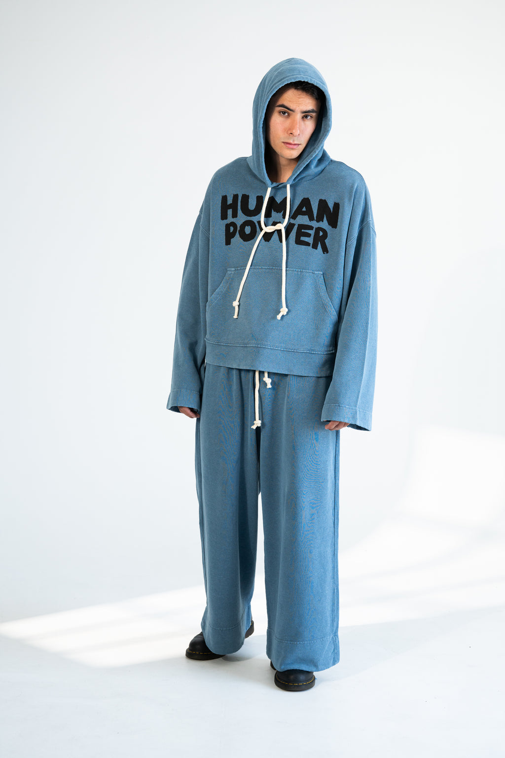 Men's Human Power oversized hemp hoodie in natural indigo, front view with hood