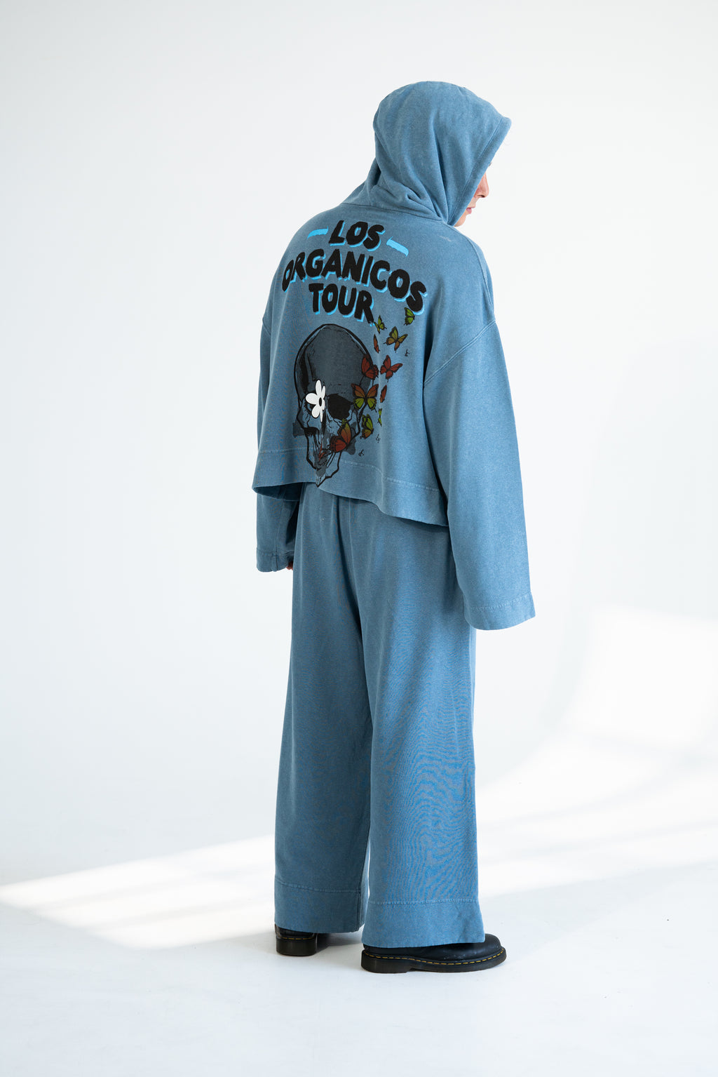 Men's Human Power oversized hemp hoodie in natural indigo, back view