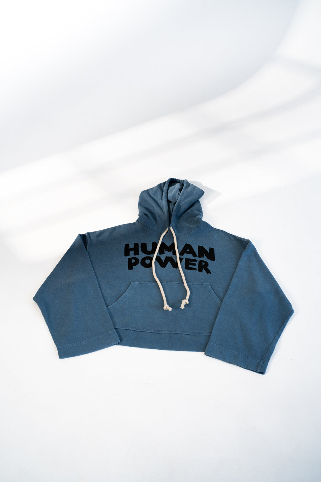 Human Power oversized hemp hoodie in natural indigo, front flat lay
